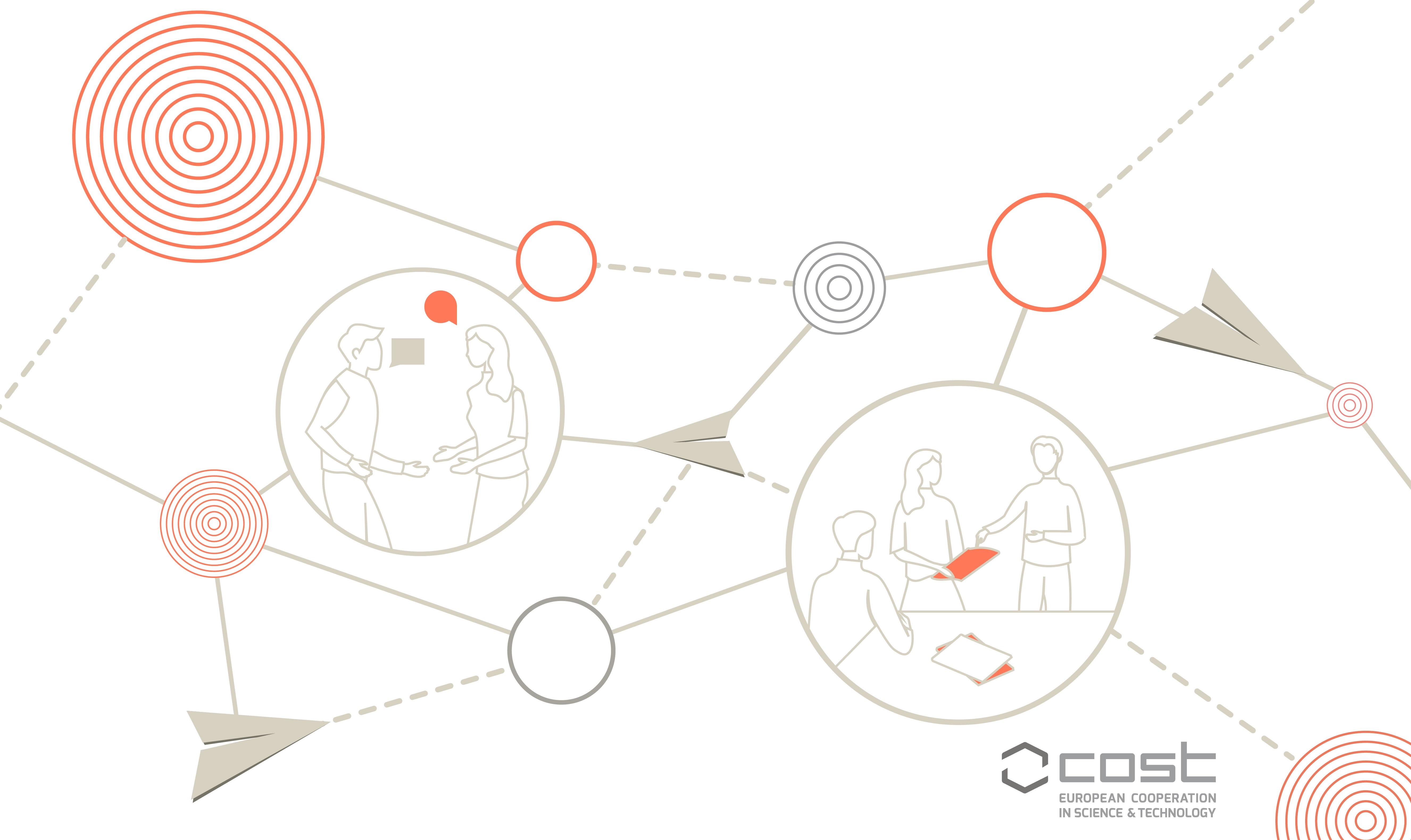 Illustration of COST Actions with arrows, circles, networking, targets.